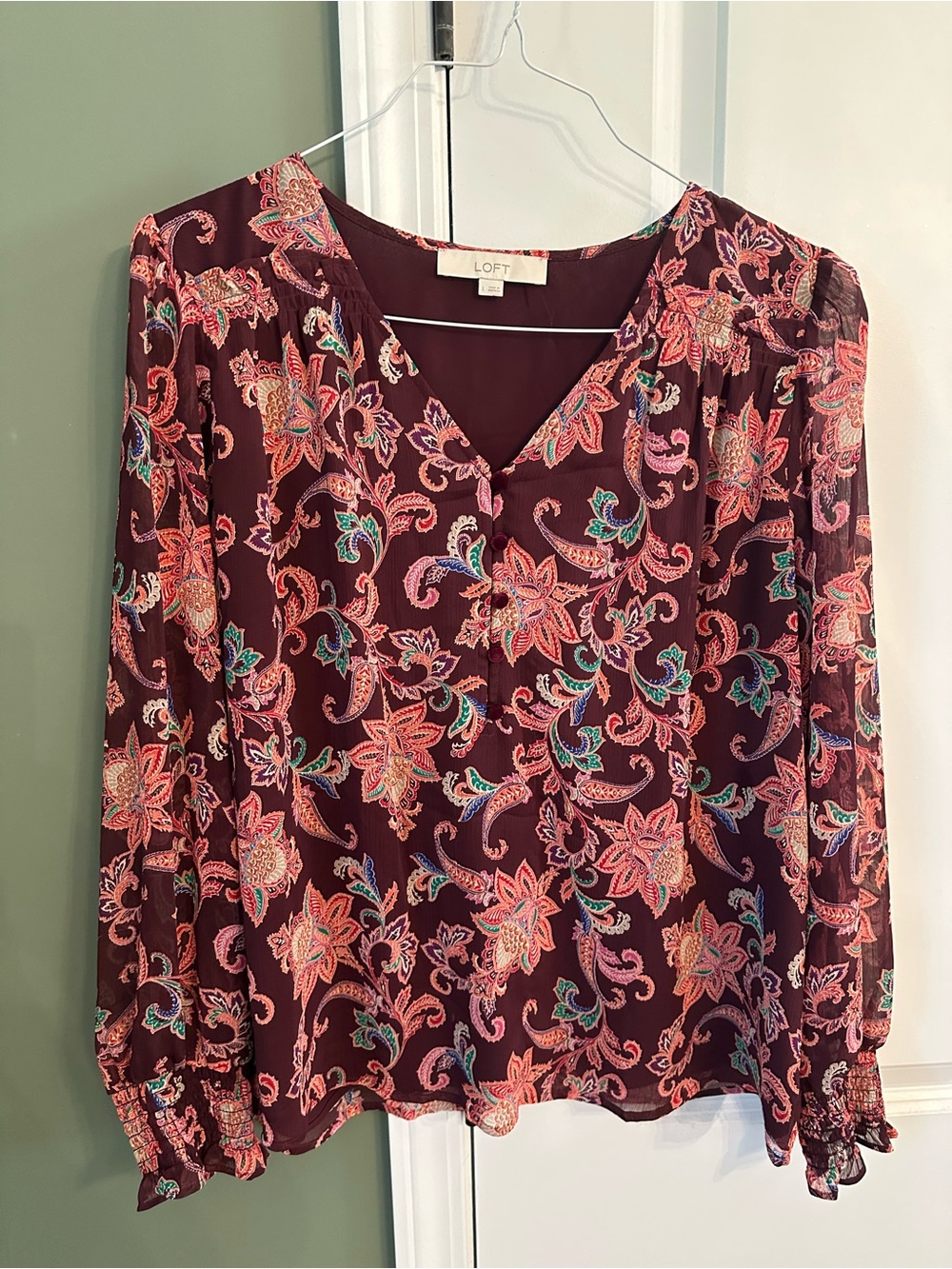 LOFT Burgundy Floral Paisley V-Neck Blouse with Pink & Teal Accents